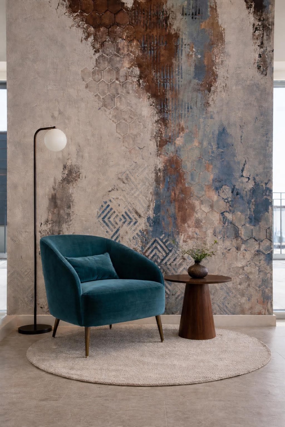 Salón con pared decorativa en microcemento